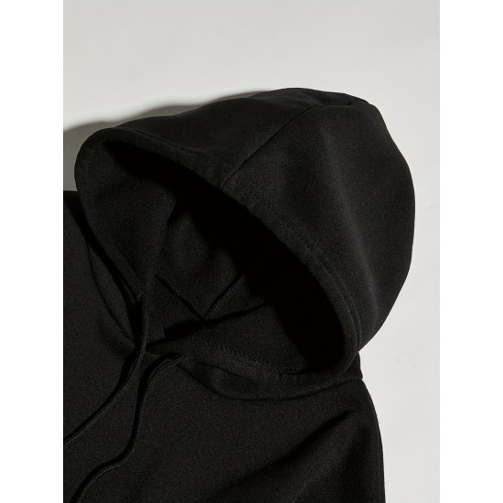 Plus Size Basic Sweatshirt, Women's Plus Letter Print Long Sleeve Slight Stretch Drawstring Hoodie With Kangaroo Pocket Plus Size Basic Sweatshirt, Women's Plus Letter Print Long Sleeve Slight Stretch Drawstring Hoodie With Kangaroo Pocket