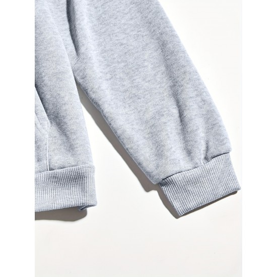 Plus Size Basic Sweatshirt, Women's Plus Letter Print Long Sleeve Slight Stretch Drawstring Hoodie With Kangaroo Pocket Plus Size Basic Sweatshirt, Women's Plus Letter Print Long Sleeve Slight Stretch Drawstring Hoodie With Kangaroo Pocket