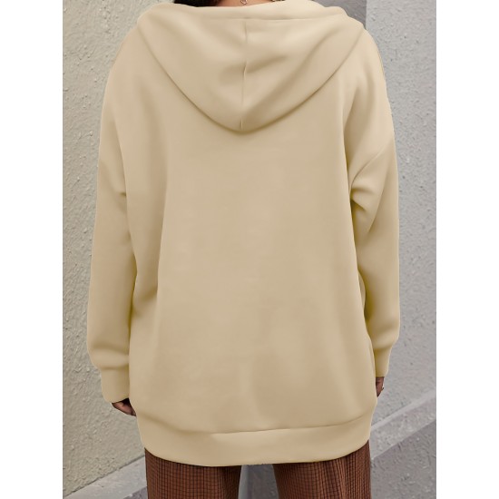 Plus Size Solid Color Zip Front Hoodie, Simple Casual Drawstring Long Sleeve Hooded Sweatshirt, Women's Plus Size Clothing Plus Size Solid Color Zip Front Hoodie, Simple Casual Drawstring Long Sleeve Hooded Sweatshirt, Women's Plus Size Clothing