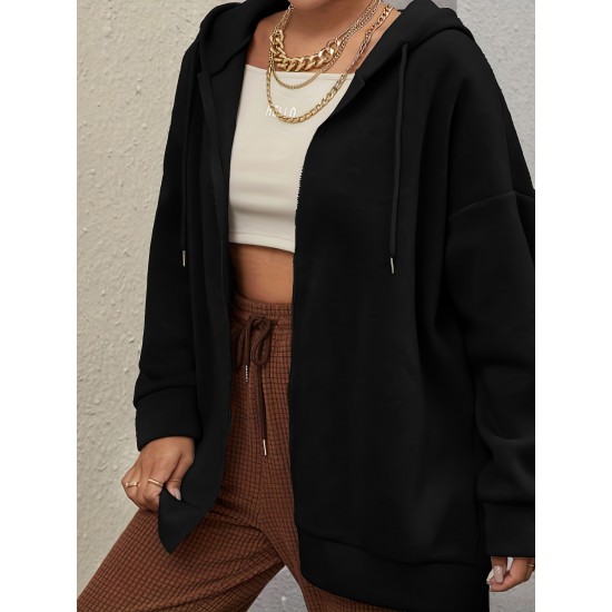 Plus Size Solid Color Zip Front Hoodie, Simple Casual Drawstring Long Sleeve Hooded Sweatshirt, Women's Plus Size Clothing Plus Size Solid Color Zip Front Hoodie, Simple Casual Drawstring Long Sleeve Hooded Sweatshirt, Women's Plus Size Clothing