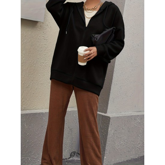 Plus Size Solid Color Zip Front Hoodie, Simple Casual Drawstring Long Sleeve Hooded Sweatshirt, Women's Plus Size Clothing Plus Size Solid Color Zip Front Hoodie, Simple Casual Drawstring Long Sleeve Hooded Sweatshirt, Women's Plus Size Clothing