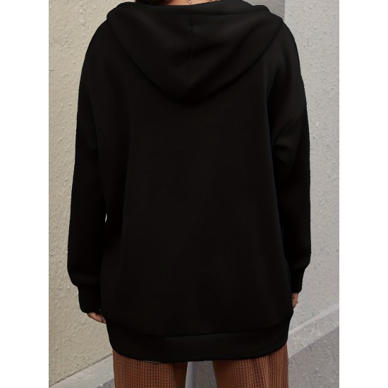 Plus Size Solid Color Zip Front Hoodie, Simple Casual Drawstring Long Sleeve Hooded Sweatshirt, Women's Plus Size Clothing Plus Size Solid Color Zip Front Hoodie, Simple Casual Drawstring Long Sleeve Hooded Sweatshirt, Women's Plus Size Clothing