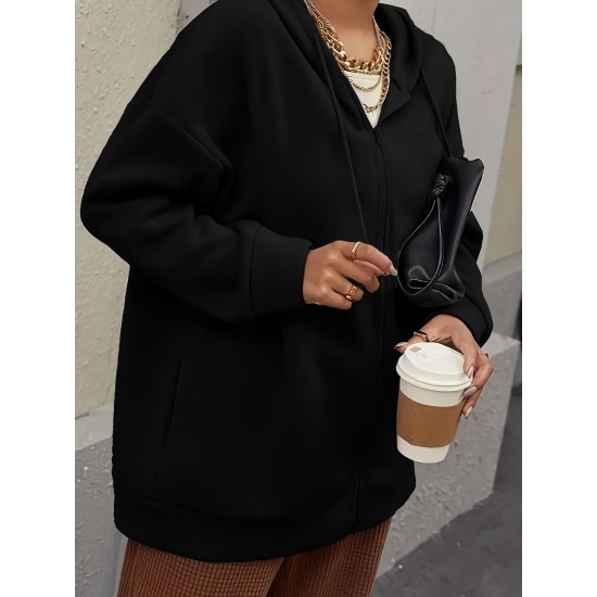 Plus Size Solid Color Zip Front Hoodie, Simple Casual Drawstring Long Sleeve Hooded Sweatshirt, Women's Plus Size Clothing Plus Size Solid Color Zip Front Hoodie, Simple Casual Drawstring Long Sleeve Hooded Sweatshirt, Women's Plus Size Clothing