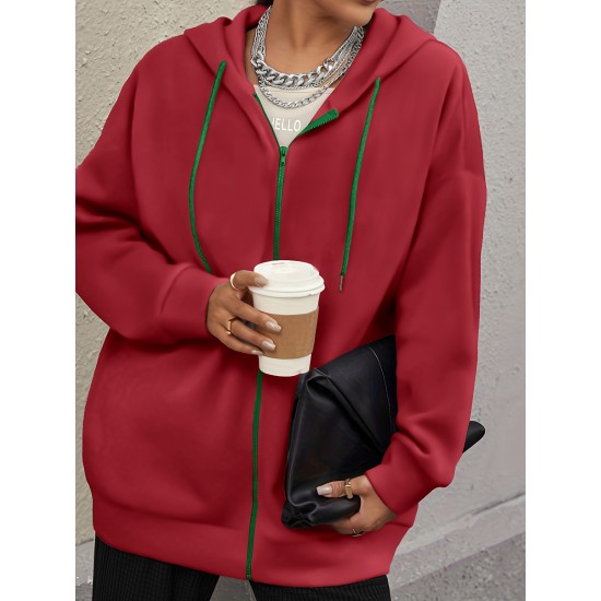 Plus Size Solid Color Zip Front Hoodie, Simple Casual Drawstring Long Sleeve Hooded Sweatshirt, Women's Plus Size Clothing Plus Size Solid Color Zip Front Hoodie, Simple Casual Drawstring Long Sleeve Hooded Sweatshirt, Women's Plus Size Clothing
