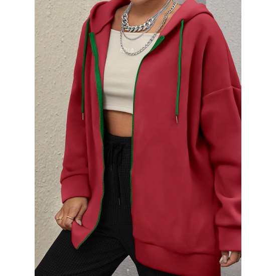 Plus Size Solid Color Zip Front Hoodie, Simple Casual Drawstring Long Sleeve Hooded Sweatshirt, Women's Plus Size Clothing Plus Size Solid Color Zip Front Hoodie, Simple Casual Drawstring Long Sleeve Hooded Sweatshirt, Women's Plus Size Clothing