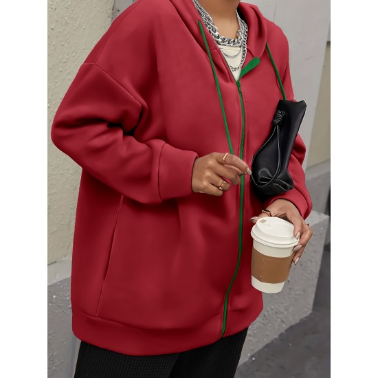 Plus Size Solid Color Zip Front Hoodie, Simple Casual Drawstring Long Sleeve Hooded Sweatshirt, Women's Plus Size Clothing Plus Size Solid Color Zip Front Hoodie, Simple Casual Drawstring Long Sleeve Hooded Sweatshirt, Women's Plus Size Clothing