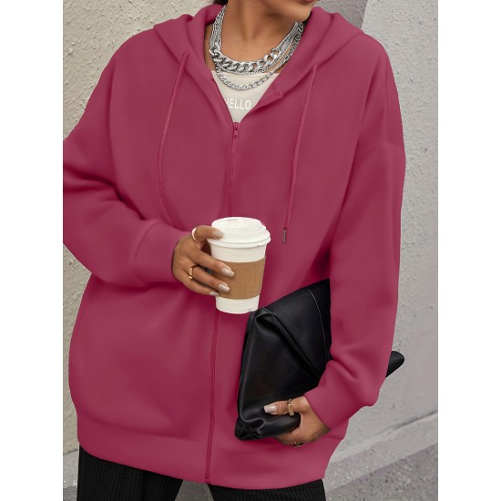 Plus Size Solid Color Zip Front Hoodie, Simple Casual Drawstring Long Sleeve Hooded Sweatshirt, Women's Plus Size Clothing Plus Size Solid Color Zip Front Hoodie, Simple Casual Drawstring Long Sleeve Hooded Sweatshirt, Women's Plus Size Clothing