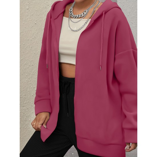 Plus Size Solid Color Zip Front Hoodie, Simple Casual Drawstring Long Sleeve Hooded Sweatshirt, Women's Plus Size Clothing Plus Size Solid Color Zip Front Hoodie, Simple Casual Drawstring Long Sleeve Hooded Sweatshirt, Women's Plus Size Clothing