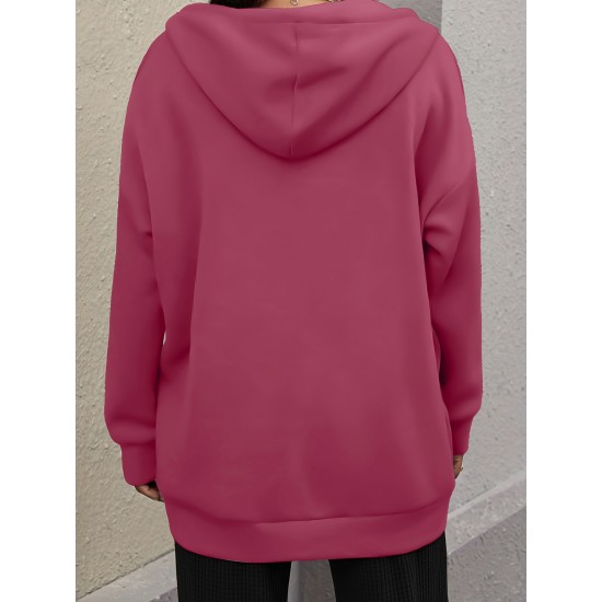 Plus Size Solid Color Zip Front Hoodie, Simple Casual Drawstring Long Sleeve Hooded Sweatshirt, Women's Plus Size Clothing Plus Size Solid Color Zip Front Hoodie, Simple Casual Drawstring Long Sleeve Hooded Sweatshirt, Women's Plus Size Clothing