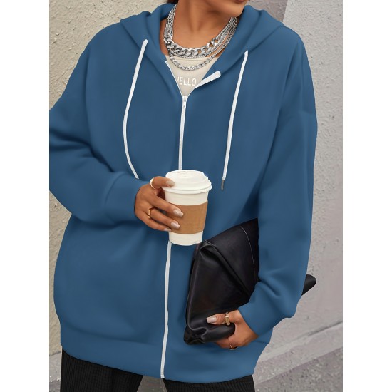 Plus Size Solid Color Zip Front Hoodie, Simple Casual Drawstring Long Sleeve Hooded Sweatshirt, Women's Plus Size Clothing Plus Size Solid Color Zip Front Hoodie, Simple Casual Drawstring Long Sleeve Hooded Sweatshirt, Women's Plus Size Clothing