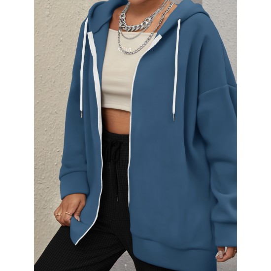 Plus Size Solid Color Zip Front Hoodie, Simple Casual Drawstring Long Sleeve Hooded Sweatshirt, Women's Plus Size Clothing Plus Size Solid Color Zip Front Hoodie, Simple Casual Drawstring Long Sleeve Hooded Sweatshirt, Women's Plus Size Clothing