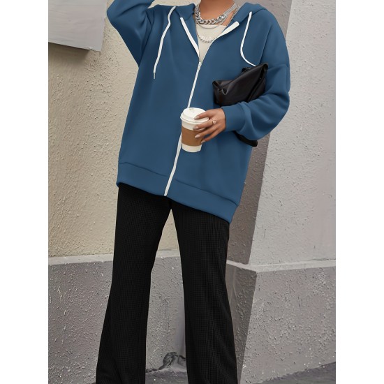 Plus Size Solid Color Zip Front Hoodie, Simple Casual Drawstring Long Sleeve Hooded Sweatshirt, Women's Plus Size Clothing Plus Size Solid Color Zip Front Hoodie, Simple Casual Drawstring Long Sleeve Hooded Sweatshirt, Women's Plus Size Clothing