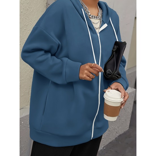 Plus Size Solid Color Zip Front Hoodie, Simple Casual Drawstring Long Sleeve Hooded Sweatshirt, Women's Plus Size Clothing Plus Size Solid Color Zip Front Hoodie, Simple Casual Drawstring Long Sleeve Hooded Sweatshirt, Women's Plus Size Clothing