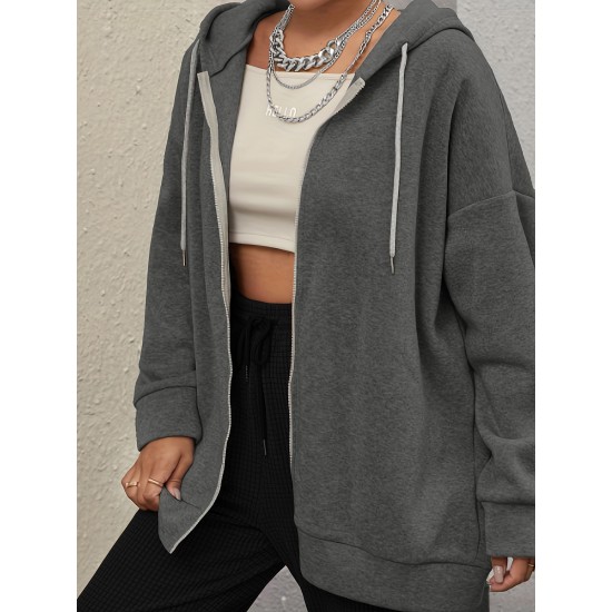 Plus Size Solid Color Zip Front Hoodie, Simple Casual Drawstring Long Sleeve Hooded Sweatshirt, Women's Plus Size Clothing Plus Size Solid Color Zip Front Hoodie, Simple Casual Drawstring Long Sleeve Hooded Sweatshirt, Women's Plus Size Clothing