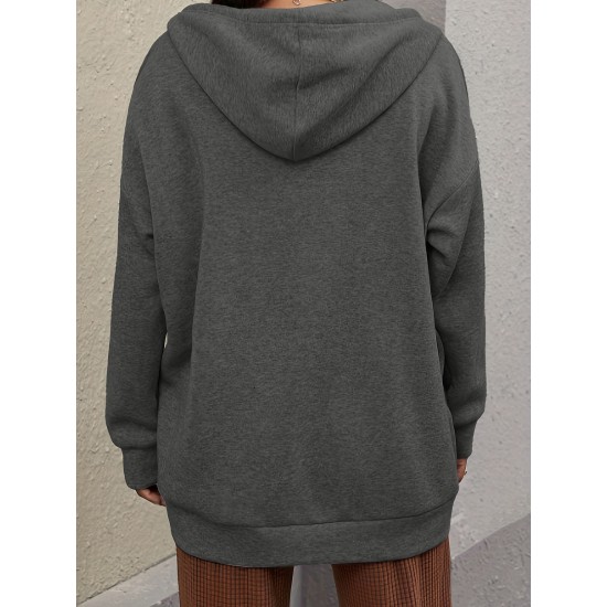 Plus Size Solid Color Zip Front Hoodie, Simple Casual Drawstring Long Sleeve Hooded Sweatshirt, Women's Plus Size Clothing Plus Size Solid Color Zip Front Hoodie, Simple Casual Drawstring Long Sleeve Hooded Sweatshirt, Women's Plus Size Clothing