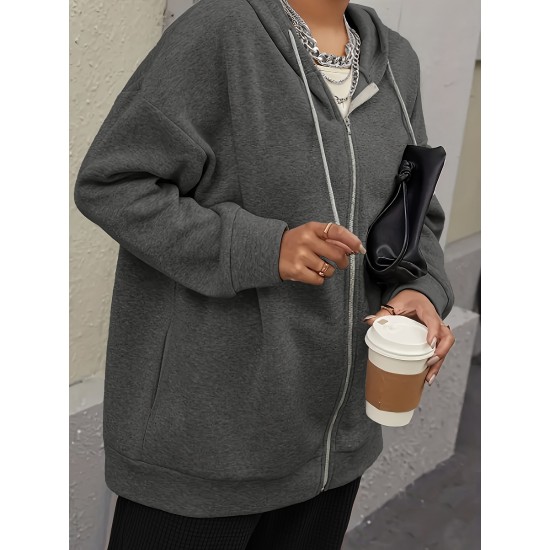 Plus Size Solid Color Zip Front Hoodie, Simple Casual Drawstring Long Sleeve Hooded Sweatshirt, Women's Plus Size Clothing Plus Size Solid Color Zip Front Hoodie, Simple Casual Drawstring Long Sleeve Hooded Sweatshirt, Women's Plus Size Clothing