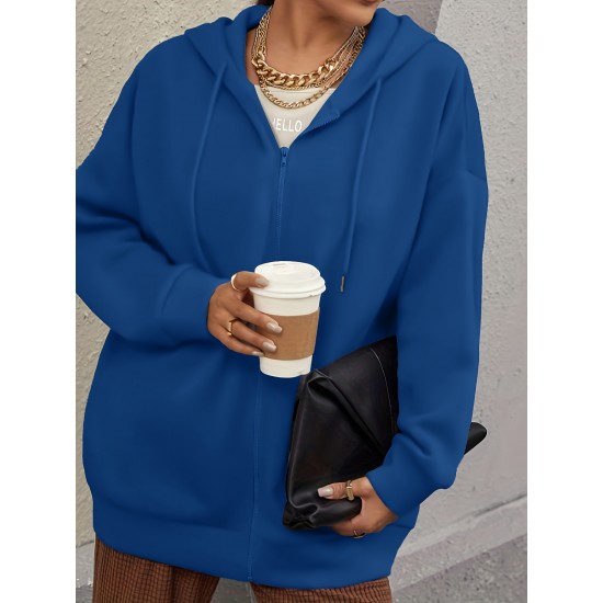 Plus Size Solid Color Zip Front Hoodie, Simple Casual Drawstring Long Sleeve Hooded Sweatshirt, Women's Plus Size Clothing Plus Size Solid Color Zip Front Hoodie, Simple Casual Drawstring Long Sleeve Hooded Sweatshirt, Women's Plus Size Clothing