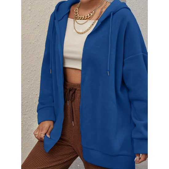 Plus Size Solid Color Zip Front Hoodie, Simple Casual Drawstring Long Sleeve Hooded Sweatshirt, Women's Plus Size Clothing Plus Size Solid Color Zip Front Hoodie, Simple Casual Drawstring Long Sleeve Hooded Sweatshirt, Women's Plus Size Clothing
