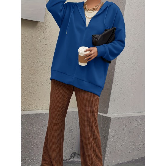 Plus Size Solid Color Zip Front Hoodie, Simple Casual Drawstring Long Sleeve Hooded Sweatshirt, Women's Plus Size Clothing Plus Size Solid Color Zip Front Hoodie, Simple Casual Drawstring Long Sleeve Hooded Sweatshirt, Women's Plus Size Clothing