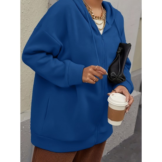 Plus Size Solid Color Zip Front Hoodie, Simple Casual Drawstring Long Sleeve Hooded Sweatshirt, Women's Plus Size Clothing Plus Size Solid Color Zip Front Hoodie, Simple Casual Drawstring Long Sleeve Hooded Sweatshirt, Women's Plus Size Clothing