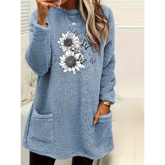 Cozy Plus Size Sunflower Print Sweatshirt with Pockets - Casual Long Sleeve Crew Neck Pullover for Women, Perfect for Fall & Winter Cozy Plus Size Sunflower Print Sweatshirt with Pockets - Casual Long Sleeve Crew Neck Pullover for Women, Perfect for Fall & Winter