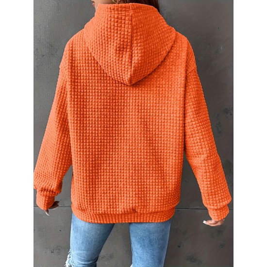 Plus Size Solid Color Waffle Long Sleeve Hooded Sweatshirt, Casual Drawstring Kangaroo Pocket Hoodie, Women's Clothing Plus Size Solid Color Waffle Long Sleeve Hooded Sweatshirt, Casual Drawstring Kangaroo Pocket Hoodie, Women's Clothing
