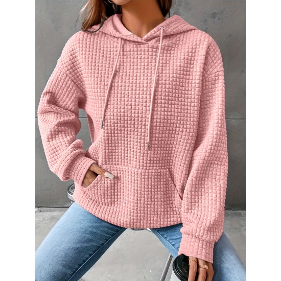 Plus Size Solid Color Waffle Long Sleeve Hooded Sweatshirt, Casual Drawstring Kangaroo Pocket Hoodie, Women's Clothing Plus Size Solid Color Waffle Long Sleeve Hooded Sweatshirt, Casual Drawstring Kangaroo Pocket Hoodie, Women's Clothing