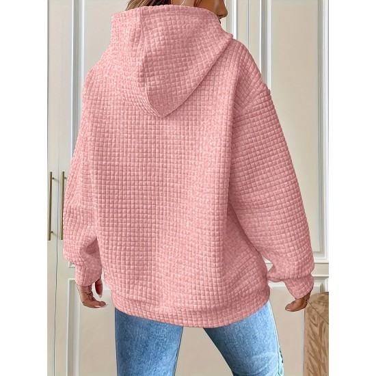 Plus Size Solid Color Waffle Long Sleeve Hooded Sweatshirt, Casual Drawstring Kangaroo Pocket Hoodie, Women's Clothing Plus Size Solid Color Waffle Long Sleeve Hooded Sweatshirt, Casual Drawstring Kangaroo Pocket Hoodie, Women's Clothing