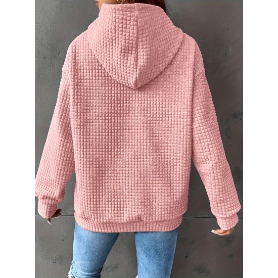 Plus Size Solid Color Waffle Long Sleeve Hooded Sweatshirt, Casual Drawstring Kangaroo Pocket Hoodie, Women's Clothing Plus Size Solid Color Waffle Long Sleeve Hooded Sweatshirt, Casual Drawstring Kangaroo Pocket Hoodie, Women's Clothing