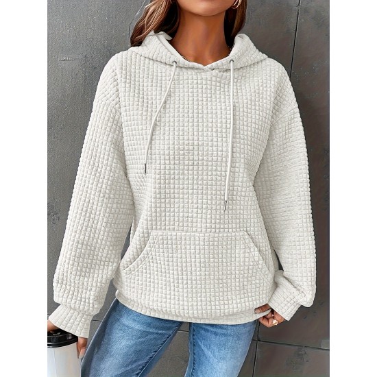 Plus Size Solid Color Waffle Long Sleeve Hooded Sweatshirt, Casual Drawstring Kangaroo Pocket Hoodie, Women's Clothing Plus Size Solid Color Waffle Long Sleeve Hooded Sweatshirt, Casual Drawstring Kangaroo Pocket Hoodie, Women's Clothing