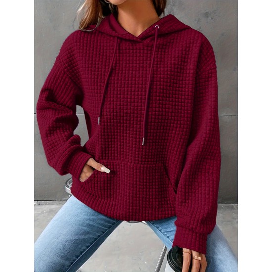 Plus Size Solid Color Waffle Long Sleeve Hooded Sweatshirt, Casual Drawstring Kangaroo Pocket Hoodie, Women's Clothing Plus Size Solid Color Waffle Long Sleeve Hooded Sweatshirt, Casual Drawstring Kangaroo Pocket Hoodie, Women's Clothing
