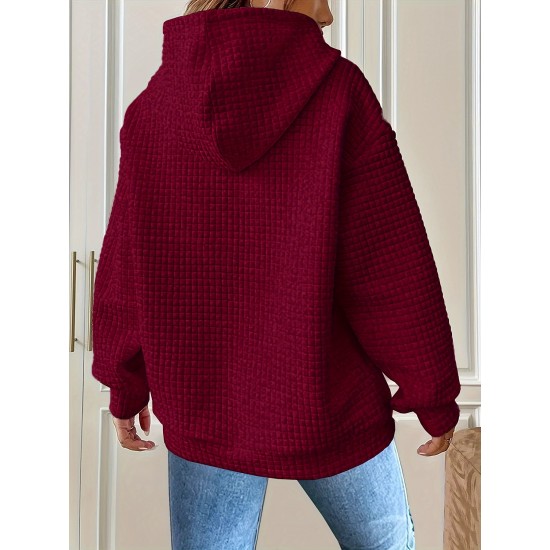 Plus Size Solid Color Waffle Long Sleeve Hooded Sweatshirt, Casual Drawstring Kangaroo Pocket Hoodie, Women's Clothing Plus Size Solid Color Waffle Long Sleeve Hooded Sweatshirt, Casual Drawstring Kangaroo Pocket Hoodie, Women's Clothing