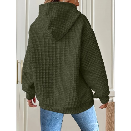 Plus Size Solid Color Waffle Long Sleeve Hooded Sweatshirt, Casual Drawstring Kangaroo Pocket Hoodie, Women's Clothing Plus Size Solid Color Waffle Long Sleeve Hooded Sweatshirt, Casual Drawstring Kangaroo Pocket Hoodie, Women's Clothing