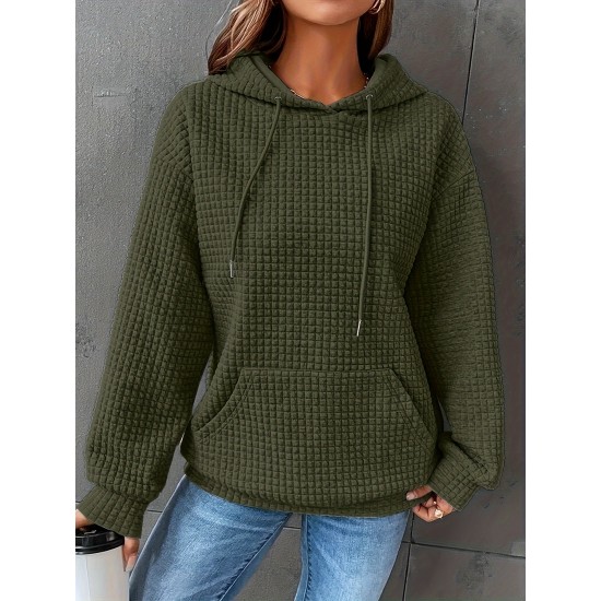 Plus Size Solid Color Waffle Long Sleeve Hooded Sweatshirt, Casual Drawstring Kangaroo Pocket Hoodie, Women's Clothing Plus Size Solid Color Waffle Long Sleeve Hooded Sweatshirt, Casual Drawstring Kangaroo Pocket Hoodie, Women's Clothing