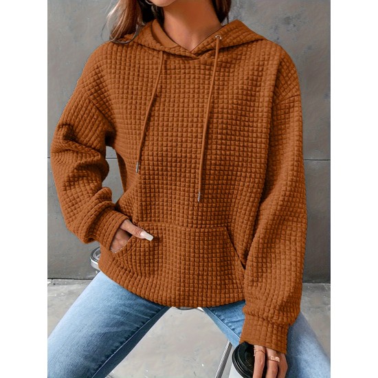 Plus Size Solid Color Waffle Long Sleeve Hooded Sweatshirt, Casual Drawstring Kangaroo Pocket Hoodie, Women's Clothing Plus Size Solid Color Waffle Long Sleeve Hooded Sweatshirt, Casual Drawstring Kangaroo Pocket Hoodie, Women's Clothing