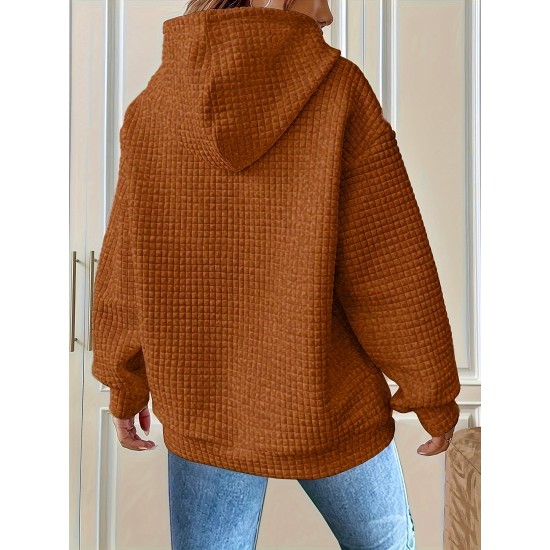 Plus Size Solid Color Waffle Long Sleeve Hooded Sweatshirt, Casual Drawstring Kangaroo Pocket Hoodie, Women's Clothing Plus Size Solid Color Waffle Long Sleeve Hooded Sweatshirt, Casual Drawstring Kangaroo Pocket Hoodie, Women's Clothing