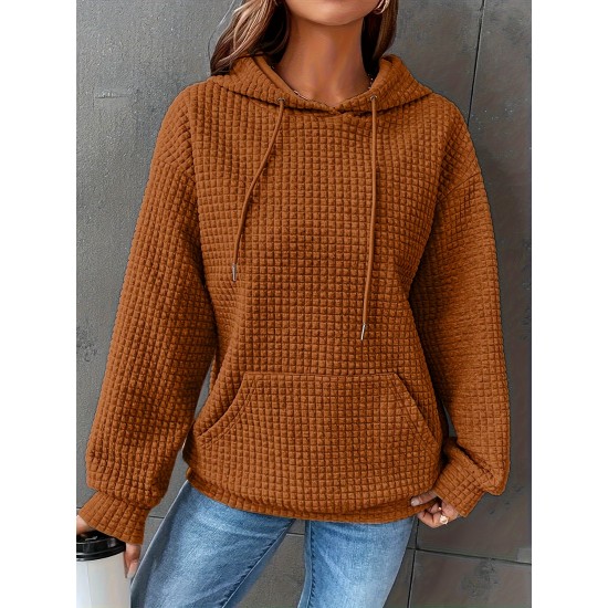 Plus Size Solid Color Waffle Long Sleeve Hooded Sweatshirt, Casual Drawstring Kangaroo Pocket Hoodie, Women's Clothing Plus Size Solid Color Waffle Long Sleeve Hooded Sweatshirt, Casual Drawstring Kangaroo Pocket Hoodie, Women's Clothing