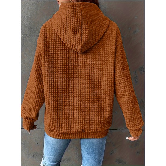 Plus Size Solid Color Waffle Long Sleeve Hooded Sweatshirt, Casual Drawstring Kangaroo Pocket Hoodie, Women's Clothing Plus Size Solid Color Waffle Long Sleeve Hooded Sweatshirt, Casual Drawstring Kangaroo Pocket Hoodie, Women's Clothing