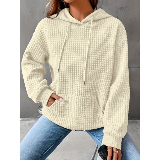 Plus Size Solid Color Waffle Long Sleeve Hooded Sweatshirt, Casual Drawstring Kangaroo Pocket Hoodie, Women's Clothing Plus Size Solid Color Waffle Long Sleeve Hooded Sweatshirt, Casual Drawstring Kangaroo Pocket Hoodie, Women's Clothing
