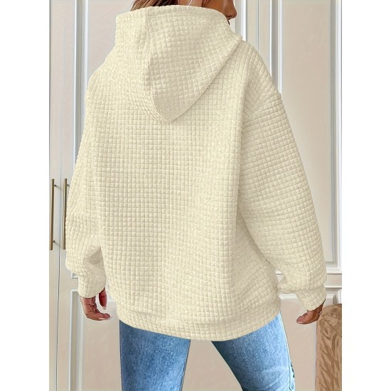 Plus Size Solid Color Waffle Long Sleeve Hooded Sweatshirt, Casual Drawstring Kangaroo Pocket Hoodie, Women's Clothing Plus Size Solid Color Waffle Long Sleeve Hooded Sweatshirt, Casual Drawstring Kangaroo Pocket Hoodie, Women's Clothing