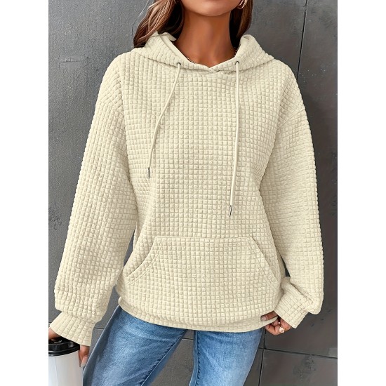 Plus Size Solid Color Waffle Long Sleeve Hooded Sweatshirt, Casual Drawstring Kangaroo Pocket Hoodie, Women's Clothing Plus Size Solid Color Waffle Long Sleeve Hooded Sweatshirt, Casual Drawstring Kangaroo Pocket Hoodie, Women's Clothing