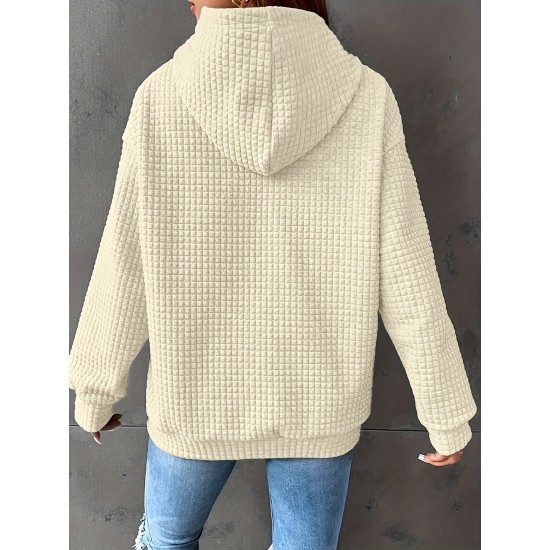 Plus Size Solid Color Waffle Long Sleeve Hooded Sweatshirt, Casual Drawstring Kangaroo Pocket Hoodie, Women's Clothing Plus Size Solid Color Waffle Long Sleeve Hooded Sweatshirt, Casual Drawstring Kangaroo Pocket Hoodie, Women's Clothing