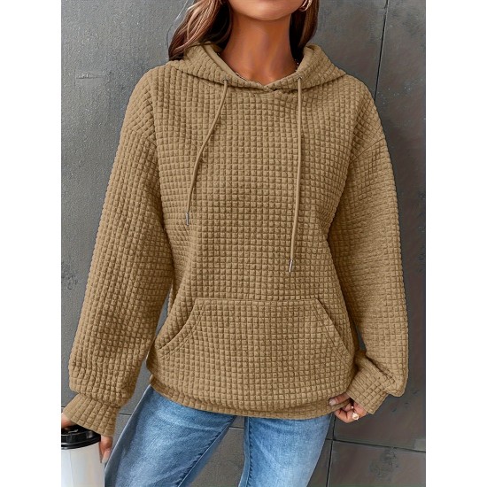 Plus Size Solid Color Waffle Long Sleeve Hooded Sweatshirt, Casual Drawstring Kangaroo Pocket Hoodie, Women's Clothing Plus Size Solid Color Waffle Long Sleeve Hooded Sweatshirt, Casual Drawstring Kangaroo Pocket Hoodie, Women's Clothing