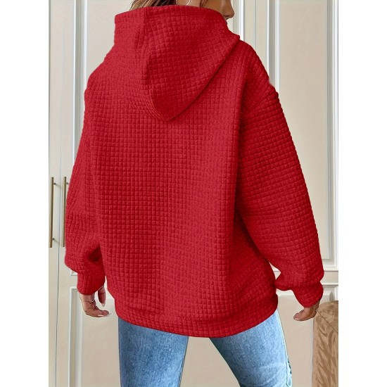 Plus Size Solid Color Waffle Long Sleeve Hooded Sweatshirt, Casual Drawstring Kangaroo Pocket Hoodie, Women's Clothing Plus Size Solid Color Waffle Long Sleeve Hooded Sweatshirt, Casual Drawstring Kangaroo Pocket Hoodie, Women's Clothing