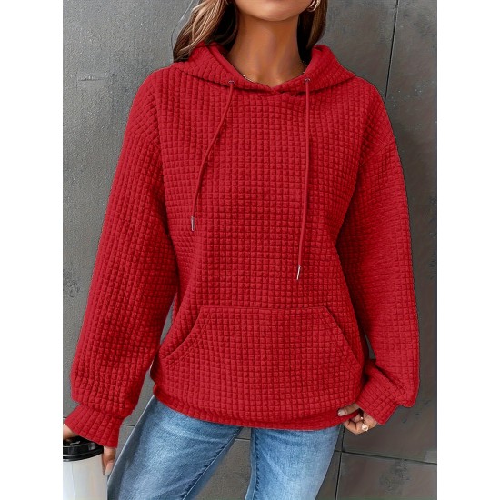 Plus Size Solid Color Waffle Long Sleeve Hooded Sweatshirt, Casual Drawstring Kangaroo Pocket Hoodie, Women's Clothing Plus Size Solid Color Waffle Long Sleeve Hooded Sweatshirt, Casual Drawstring Kangaroo Pocket Hoodie, Women's Clothing