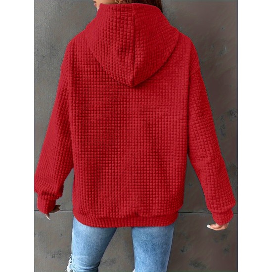 Plus Size Solid Color Waffle Long Sleeve Hooded Sweatshirt, Casual Drawstring Kangaroo Pocket Hoodie, Women's Clothing Plus Size Solid Color Waffle Long Sleeve Hooded Sweatshirt, Casual Drawstring Kangaroo Pocket Hoodie, Women's Clothing