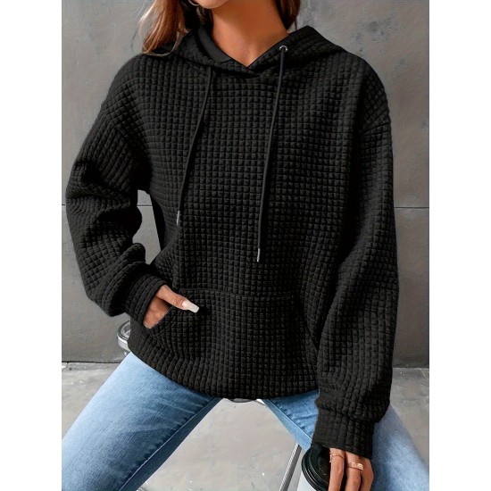 Plus Size Solid Color Waffle Long Sleeve Hooded Sweatshirt, Casual Drawstring Kangaroo Pocket Hoodie, Women's Clothing Plus Size Solid Color Waffle Long Sleeve Hooded Sweatshirt, Casual Drawstring Kangaroo Pocket Hoodie, Women's Clothing