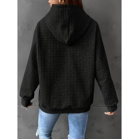 Plus Size Solid Color Waffle Long Sleeve Hooded Sweatshirt, Casual Drawstring Kangaroo Pocket Hoodie, Women's Clothing Plus Size Solid Color Waffle Long Sleeve Hooded Sweatshirt, Casual Drawstring Kangaroo Pocket Hoodie, Women's Clothing