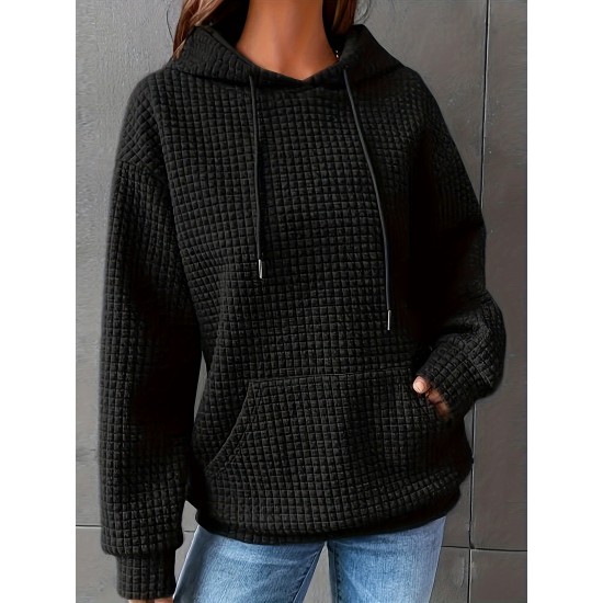 Plus Size Solid Color Waffle Long Sleeve Hooded Sweatshirt, Casual Drawstring Kangaroo Pocket Hoodie, Women's Clothing Plus Size Solid Color Waffle Long Sleeve Hooded Sweatshirt, Casual Drawstring Kangaroo Pocket Hoodie, Women's Clothing