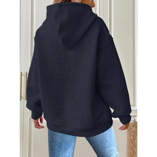 Plus Size Solid Color Waffle Long Sleeve Hooded Sweatshirt, Casual Drawstring Kangaroo Pocket Hoodie, Women's Clothing Plus Size Solid Color Waffle Long Sleeve Hooded Sweatshirt, Casual Drawstring Kangaroo Pocket Hoodie, Women's Clothing
